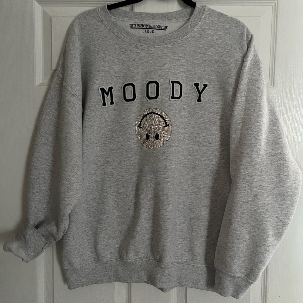 Distressed Vintage Couture Moody Sweatshirt w/ Upside Down Smiley Face